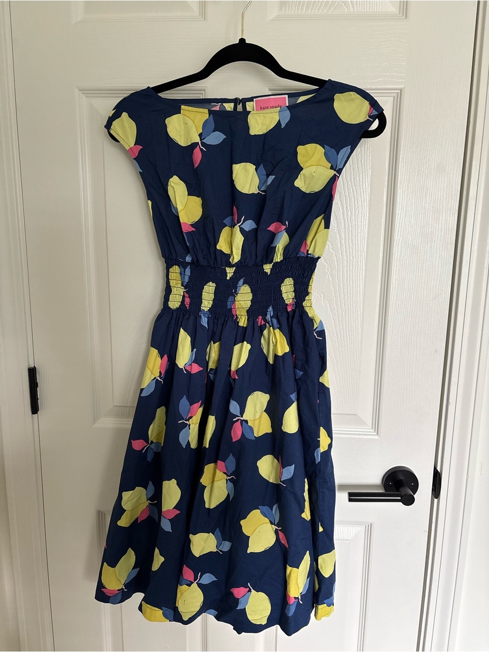 Kate Spade navy lemon print shirred waist dress New York size 2